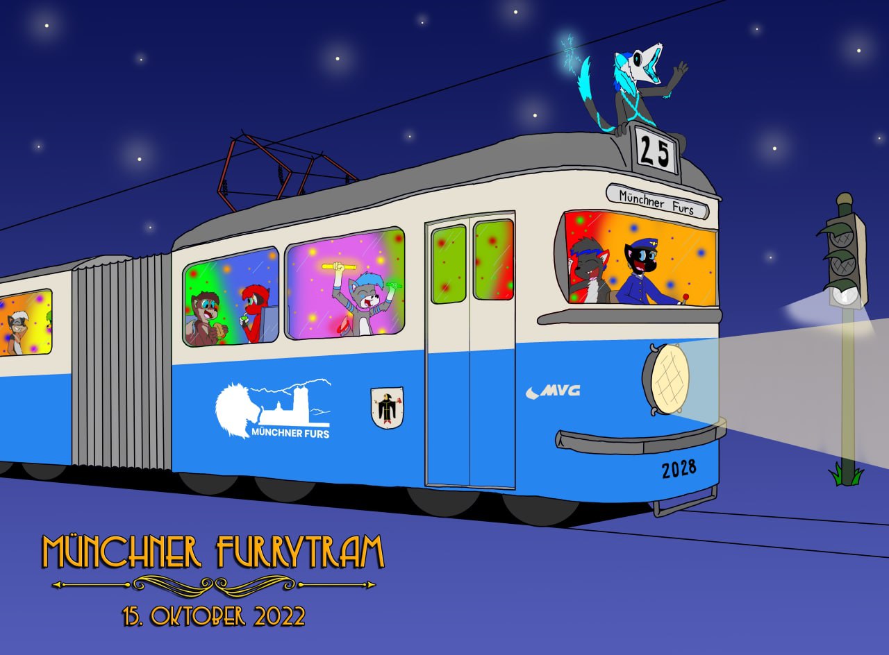 Eine stilisierte Zeichnung einer Trambahn der MVG in der Nacht. In ihr sind Furries, die unter buntem Partylicht tanzen. In der Zugzielanzeige steht "Münchner Furs".